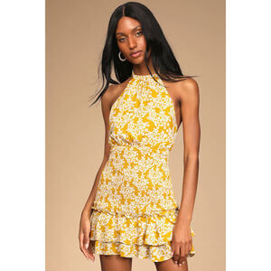 Lulus Budding Palette Yellow Floral Print Smocked Halter Mini Dress - Size XS